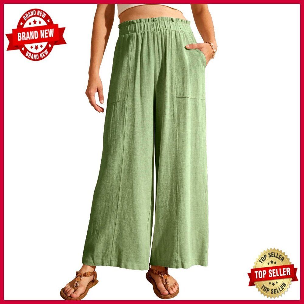 Linen Wide Leg Palazzo Pants High Waisted Elastic Waist Boho Casual Summer